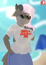 Size: 1350x1920 | Tagged: anthro, artist:fleet-wing, barely pony related, beach, breasts, derpibooru import, female, hand in pocket, hand on bust, hand on chest, horns, lens flare, looking at you, oc, oc:nesserris, safe, shark, solo, sunglasses