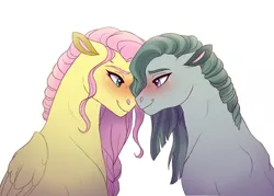 Size: 1600x1143 | Tagged: safe, artist:cascayd, derpibooru import, fluttershy, marble pie, earth pony, pegasus, pony, blushing, eye contact, female, lesbian, looking at each other, marbleshy, mare, shipping, simple background, smiling, white background