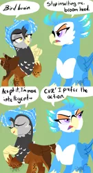 Size: 1023x1900 | Tagged: safe, artist:angexci, derpibooru import, oc, oc:anger parrot, oc:sdrow land, unofficial characters only, gryphon, hybrid, parrot, parrot griffon, comic, dialogue, duo, female, green background, griffonized, griffon oc, griffsona, simple background, species swap, speech bubble