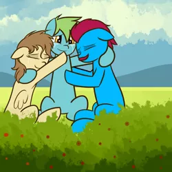 Size: 900x900 | Tagged: safe, artist:claribell3, derpibooru import, oc, oc:azure glide, oc:chisel, oc:vanilla swirl, unofficial characters only, earth pony, pegasus, pony, afterlife, bush, cloud, context in description, crying, cute, family, family hug, father and child, father and son, feels, female, grass, grass field, happy, heartwarming description, heaven, hug, implied death, male, mare, mother and child, mother and son, ocbetes, sitting, smiling, stallion, story included, tears of joy