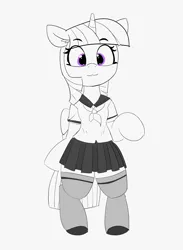 Size: 2274x3112 | Tagged: safe, artist:pabbley, derpibooru import, twilight sparkle, twilight sparkle (alicorn), alicorn, pony, semi-anthro, :3, bipedal, clothes, cute, female, human shoulders, humanoid torso, looking at you, mare, monochrome, neo noir, partial color, pleated skirt, raised hoof, school uniform, simple background, skirt, smiling, socks, solo, thigh highs, twiabetes, zettai ryouiki