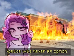 Size: 1024x768 | Tagged: safe, artist:t-0-rtured, derpibooru import, rarity, human, equestria girls, applebee's, disaster girl, face of mercy, lidded eyes, meme, out of context, peace was never an option, rarity fighting a giant applebee's, solo, untitled goose game, wat