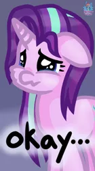 Size: 482x858 | Tagged: safe, artist:rainbow eevee, derpibooru import, starlight glimmer, pony, unicorn, crying, cute, female, floppy ears, mare, okay, puppy dog eyes, sad, simple background, solo, wavy mouth