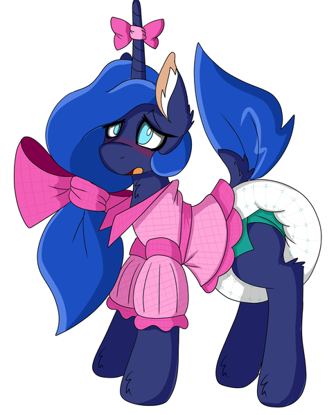 Size: 3369x4169 | Tagged: suggestive, artist:cuddlelamb, derpibooru import, princess luna, pony, adult foal, blushing, bow, clothes, diaper, diaper fetish, dress, ear fluff, fetish, hair bow, horn, horn bow, poofy diaper, simple background, solo