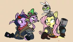 Size: 1357x780 | Tagged: safe, artist:stormygeddon, derpibooru import, angel bunny, fluttershy, spike, twilight sparkle, anthro, dragon, lombax, pegasus, unicorn, crossover, digital art, jak and daxter, playstation, ratchet and clank, video game