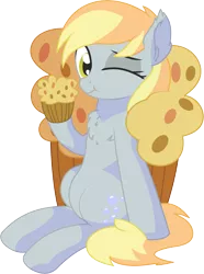 Size: 5523x7436 | Tagged: safe, artist:cyanlightning, derpibooru import, derpy hooves, pegasus, pony, .svg available, :t, absurd resolution, chest fluff, cute, daaaaaaaaaaaw, derpabetes, ear fluff, ear tufts, eating, eyeshadow, female, food, hoof hold, looking at you, makeup, mare, muffin, one eye closed, simple background, sitting, smiling, solo, that pony sure does love muffins, transparent background, vector, wink