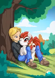 Size: 955x1351 | Tagged: safe, artist:mysticalpha, derpibooru import, oc, oc:heart spark, human, pony, bush, clothes, holding a pony, human male, kid, male, one eye closed, pants, scenery, shoes, sitting, smiling, tree trunk