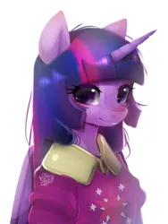 Size: 602x800 | Tagged: safe, artist:snow angel, derpibooru import, twilight sparkle, alicorn, anthro, blushing, bust, clothes, cute, female, looking at you, mare, portrait, simple background, smiling, solo, twiabetes, twilight sparkle (alicorn), white background