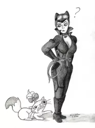 Size: 900x1208 | Tagged: angry, arkham city, artist:peruserofpieces, batman, boob window, cat, catsuit, catwoman, clawing, claws, confused, crossover, derpibooru import, female, goggles, human, opalescence, pencil drawing, question mark, ribbon, safe, selina kyle, simple background, traditional art, whip, whiskers, woman