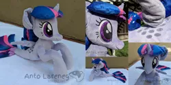 Size: 3176x1588 | Tagged: alicorn, artist:plushbyanto, derpibooru import, female, fins, front view, irl, lying down, mare, minky, photo, plushie, profile, race swap, safe, scales, seaponified, seapony (g4), seapony twilight, smiling, solo, species swap, tail fin, toy, twilight sparkle, twilight sparkle (alicorn)