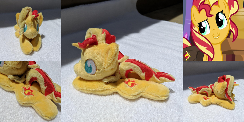Size: 3176x1588 | Tagged: safe, artist:plushbyanto, derpibooru import, sunset shimmer, pony, unicorn, equestria girls, mirror magic, spoiler:eqg specials, bag, beanie (plushie), bust, chibi, cropped, female, front view, horn, irl, lying down, mare, minky, no mouth, no nostrils, no pupils, photo, plushie, profile, prone, raised eyebrow, smiling, solo, sploot, toy