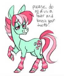 Size: 526x627 | Tagged: safe, artist:janegumball, derpibooru import, minty, earth pony, pony, colored hooves, female, leg warmers, lidded eyes, mare, simple background, solo, white background