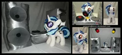 Size: 4275x1950 | Tagged: safe, artist:peruserofpieces, derpibooru import, vinyl scratch, pony, unicorn, accessories, front view, horn, irl, lights, mouth hold, photo, plushie, profile, record, record player, speakers, spotlight, stage light, stereo, sunglasses, turntable