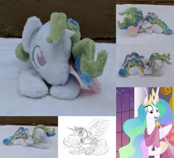 Size: 2382x2160 | Tagged: safe, artist:lauren faust, artist:plushbyanto, derpibooru import, princess celestia, alicorn, pony, make new friends but keep discord, beanie (plushie), behind the scenes, chibi, clothes, cloven hooves, concept art, crown, cute, cutelestia, dress, female, gala dress, happy, hoof shoes, horn, irl, jewelry, lineart, lying down, mare, minky, missing accessory, monochrome, necklace, no crown, no mouth, no nostrils, no pupils, open mouth, pencil drawing, photo, plushie, prone, raised hoof, rearing, regalia, sketch, smiling, solo, sparkles, sploot, spread wings, tiara, toy, traditional art, underhoof, wide eyes, wings