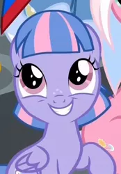 Size: 447x642 | Tagged: safe, derpibooru import, screencap, clear sky, wind sprint, pegasus, pony, common ground, adorable face, captiwinding, charming, cheeky, cute, cuteness overload, female, filly, foal, freckles, grin, happy, hnnng, naughty, raised hoof, sitting, smiling, sprintabetes