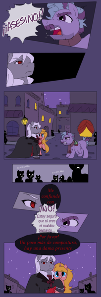 Size: 600x1765 | Tagged: safe, artist:yokokinawa, derpibooru import, oc, oc:dracula, oc:dreamy sweet, pegasus, pony, unicorn, angry, clothes, comic, dress, drunk, night, scarf, spanish