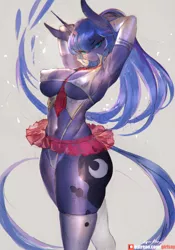 Size: 910x1300 | Tagged: suggestive, artist:girlsay, derpibooru import, princess luna, anthro, armpits, bad student, breasts, busty princess luna, clothes, erect nipples, female, mare, nipple outline, patreon, patreon logo, school uniform, skimpy outfit, smiling, solo, solo female