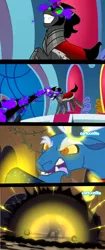 Size: 1260x3000 | Tagged: safe, derpibooru import, edit, edited screencap, screencap, grogar, king sombra, pony, frenemies (episode), the beginning of the end, canterlot castle, cartoonito logo, fight, italian, magic, throne