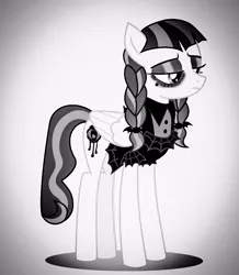 Size: 692x792 | Tagged: safe, derpibooru import, edit, editor:undeadponysoldier, inky rose, pegasus, pony, black and white, clothes, dress, eyeliner, female, goth, gothic eyeliner, grayscale, makeup, mare, monochrome, pigtails, simple background, solo, unamused