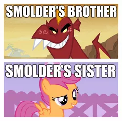 Size: 1540x1525 | Tagged: safe, derpibooru import, edit, edited screencap, screencap, garble, scootaloo, dragon, pegasus, pony, sweet and smoky, brother, caption, female, filly, foal, image macro, implied smolder, male, siblings, sister, text, theory