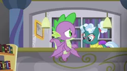 Size: 1920x1080 | Tagged: safe, derpibooru import, screencap, bellflower blurb, spike, dragon, pony, the point of no return, book, bookshelf, library, winged spike