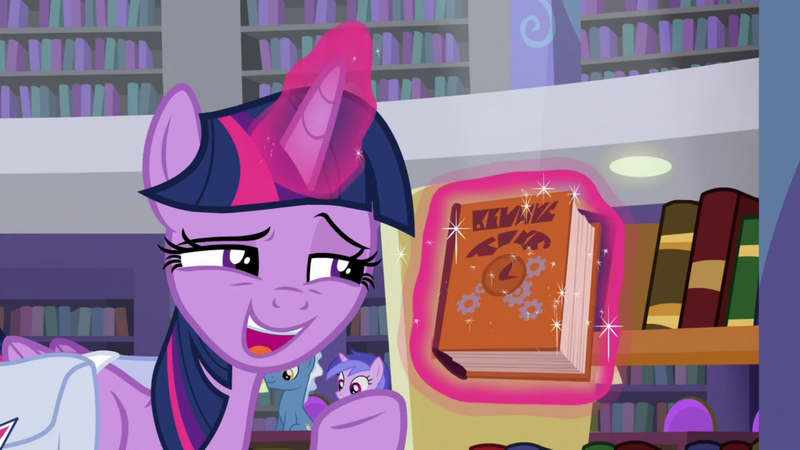 Size: 1920x1080 | Tagged: safe, derpibooru import, screencap, pokey pierce, sea swirl, seafoam, twilight sparkle, twilight sparkle (alicorn), alicorn, pony, the point of no return, bag, book, bookshelf, library, saddle bag