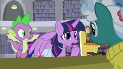 Size: 1920x1080 | Tagged: alicorn, bag, bellflower blurb, book, bookshelf, derpibooru import, library, pokey pierce, saddle bag, safe, screencap, seafoam, sea swirl, spike, the point of no return, twilight sparkle, twilight sparkle (alicorn)