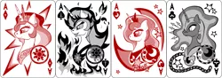 Size: 2540x889 | Tagged: safe, artist:virenth, derpibooru import, daybreaker, nightmare moon, princess celestia, princess luna, pony, ace of clubs, ace of diamonds, ace of hearts, ace of spades, playing card