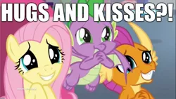 Size: 1920x1080 | Tagged: safe, derpibooru import, edit, edited screencap, screencap, fluttershy, smolder, spike, dragon, pegasus, pony, sweet and smoky, bronybait, caption, cartoonito logo, dragoness, exclamation point, female, hug request, hugs?, image macro, implied hugging, implied kissing, interrobang, italian, male, mare, question mark, text, winged spike