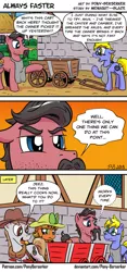 Size: 923x1970 | Tagged: safe, artist:pony-berserker, derpibooru import, oc, oc:anvil breaker, oc:final drive, oc:longhaul, oc:southern comfort, unofficial characters only, earth pony, pony, unicorn, comic:always faster, annoyed, apron, cart, clothes, comic, confused, dialogue, facial hair, female, glasses, group, happy, humor, male, mare, moustache, outdoors, painting, raised leg, serious, serious face, smiling, speech bubble, stallion, standing, warhammer (game), warhammer 40k