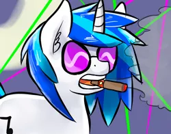 Size: 2450x1920 | Tagged: safe, artist:fluor1te, derpibooru import, vinyl scratch, pony, unicorn, cigar, female, laser, light show, mare, rave, smoke, solo, sunglasses