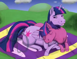 Size: 2200x1700 | Tagged: safe, artist:azurllinate, derpibooru import, twilight sparkle, twilight sparkle (alicorn), oc, oc:dazzle shield, oc:prince dazzle shield, alicorn, pony, cloud, cooing, crossed legs, cuddling, curled up to mom, eyes closed, female, futurehooves, grass, hoers, laying on blanket, lying down, male, mother and child, mother and son, mother's day, multicolored hair, multicolored tail, next gen:futurehooves, next generation, offspring, parent:flash sentry, parent:twilight sparkle, parents:flashlight, purple eyes, sleeping