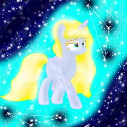 Size: 1500x1500 | Tagged: safe, artist:katya, derpibooru import, oc, oc:sparkle light, alicorn, pony, alicorn oc, alicornified, constellation, dream, dream walker, horn, night, race swap, sky, solo, stars, walking, wings