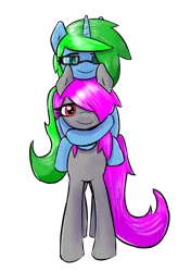 Size: 1440x2041 | Tagged: safe, artist:fluor1te, derpibooru import, oc, oc:avocado pone, oc:fluorite, earth pony, pony, unicorn, female, glasses, horse riding a horse, mare, piggyback ride, smiling