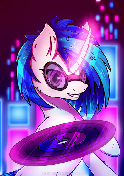 Size: 1102x1562 | Tagged: safe, artist:quefortia, derpibooru import, vinyl scratch, pony, unicorn, curved horn, female, horn, levitation, looking at you, magic, mare, record, redraw, solo, sunglasses, telekinesis
