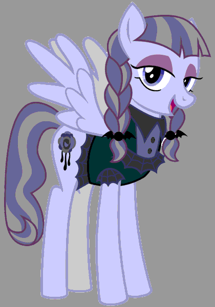 Size: 748x1069 | Tagged: safe, derpibooru import, edit, editor:undeadponysoldier, inky rose, pegasus, pony, animated, beautiful, bedroom eyes, blinking, clothes, cute, dress, eye flutter, eyelashes, female, goth, gray background, inkybetes, looking at you, makeup, mare, pigtails, simple background, spread wings, wings