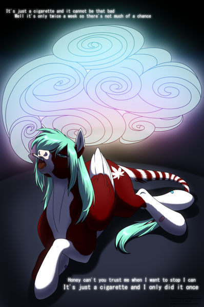 Size: 2320x3500 | Tagged: safe, artist:f0rever13, derpibooru import, oc, oc:matilda, pegasus, pony, cigarette, digital art, female, full body, open mouth, rcf community, smoke, solo, tongue out, wings