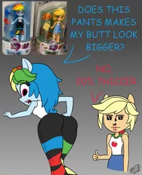 Size: 987x1215 | Tagged: safe, artist:syscod, derpibooru import, applejack, rainbow dash, equestria girls, equestria girls series, appledash, ass, blood, butt, clothes, dialogue, doll, equestria girls minis, female, lesbian, looking at her butt, nosebleed, pants, rainbutt dash, shipping, skirt, tanktop, the ass was fat, toy