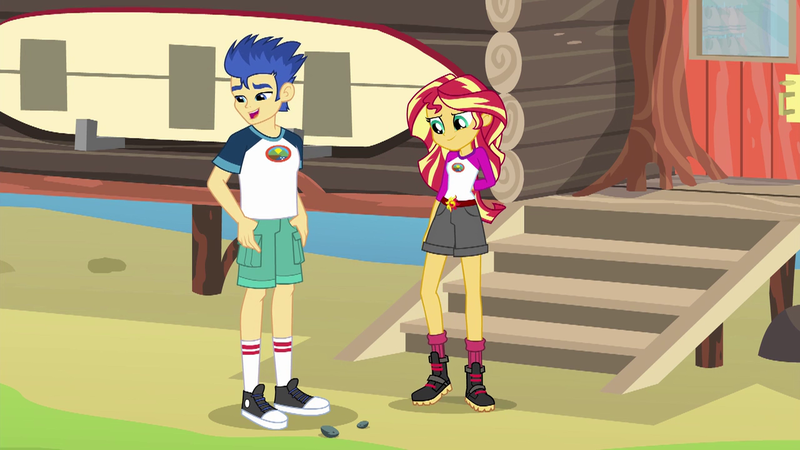 Size: 1280x720 | Tagged: safe, derpibooru import, screencap, flash sentry, sunset shimmer, equestria girls, legend of everfree, boots, camp everfree outfits, clothes, converse, cute, diasentres, discovery kids, female, hands in pockets, legs, male, shimmerbetes, shipping fuel, shoes, shorts, sneakers, socks