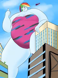 Size: 2400x3200 | Tagged: suggestive, artist:feyzer, derpibooru import, rainbow dash, equestria girls, bbw, breasts, chubby, city, clothes, fat, fat boobs, female, giantess, helicopter, huge, macro, obese, one eye closed, people, rainblob dash, ssbbw, swimsuit, thumbs up, wink