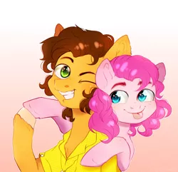 Size: 3244x3128 | Tagged: safe, artist:rizzych, derpibooru import, cheese sandwich, pinkie pie, earth pony, pony, :p, cheesepie, clothes, eyebrows, female, gradient background, hug, male, mare, one eye closed, shipping, shirt, simple background, stallion, straight, tongue out, wink