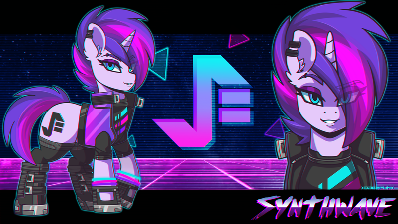 Size: 3840x2160 | Tagged: safe, artist:ciderpunk, derpibooru import, oc, oc:synthwave, pony, unicorn, 80s, bust, clothes, color porn, cute, cyberpunk, ear piercing, earring, glow bracelets, glowstick, jacket, jewelry, looking at you, piercing, punk, retro, retrofuturism, retrowave, socks, synthwave, synthwave grid, vest