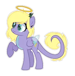Size: 1256x1268 | Tagged: safe, artist:colordroplovelyart, artist:lazuli, derpibooru import, oc, oc:shiny pop, unofficial characters only, angel pony, demon, demon pony, hybrid, original species, pony, angel, base used, ear piercing, earring, female, halo, horns, jewelry, mare, piercing, raised hoof, simple background, solo, transparent background