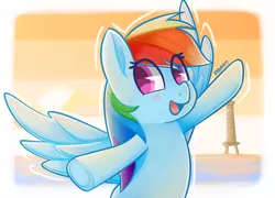 Size: 3200x2300 | Tagged: safe, artist:rivin177, derpibooru import, rainbow dash, pony, arms in the air, blush sticker, blushing, cute, dashabetes, open mouth, sky, smiling, solo