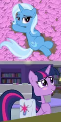 Size: 1064x2136 | Tagged: safe, artist:asika-aida, derpibooru import, edit, trixie, twilight sparkle, pony, unicorn, the point of no return, bag, blushing, book, bookshelf, female, lesbian, library, saddle bag, shipping, twixie, unicorn twilight