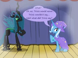 Size: 1280x957 | Tagged: safe, artist:evil-dec0y, derpibooru import, queen chrysalis, trixie, changeling, changeling queen, pony, unicorn, comic:trixie vs., cape, clothes, duo, duo female, female, hat, imagine spot, mare, raised hoof, stage, trixie's cape, trixie's hat