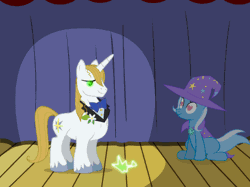 Size: 500x374 | Tagged: safe, artist:evil-dec0y, derpibooru import, discord, prince blueblood, queen chrysalis, trixie, pony, unicorn, comic:trixie vs., animated, bluetrix, cape, clothes, disguise, disguised changeling, duo, female, hat, heart eyes, male, mare, shapeshifting, shipping, stage, straight, transformation, trixie's cape, trixie's hat, wingding eyes