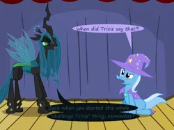 Size: 1280x957 | Tagged: safe, artist:evil-dec0y, derpibooru import, queen chrysalis, trixie, changeling, changeling queen, pony, unicorn, comic:trixie vs., cape, clothes, duo, duo female, female, hat, mare, stage, trixie's cape, trixie's hat