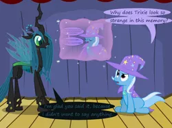 Size: 1280x957 | Tagged: safe, artist:evil-dec0y, derpibooru import, queen chrysalis, trixie, changeling, changeling queen, pony, unicorn, comic:trixie vs., cape, clothes, duo, duo female, female, hat, mare, stage, trixie's cape, trixie's hat