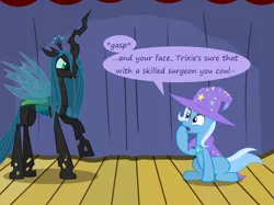 Size: 1280x957 | Tagged: source needed, useless source url, safe, artist:evil-dec0y, derpibooru import, queen chrysalis, trixie, changeling, changeling queen, pony, unicorn, comic:trixie vs., cape, clothes, duo, duo female, female, hat, mare, scrunchy face, stage, trixie's cape, trixie's hat